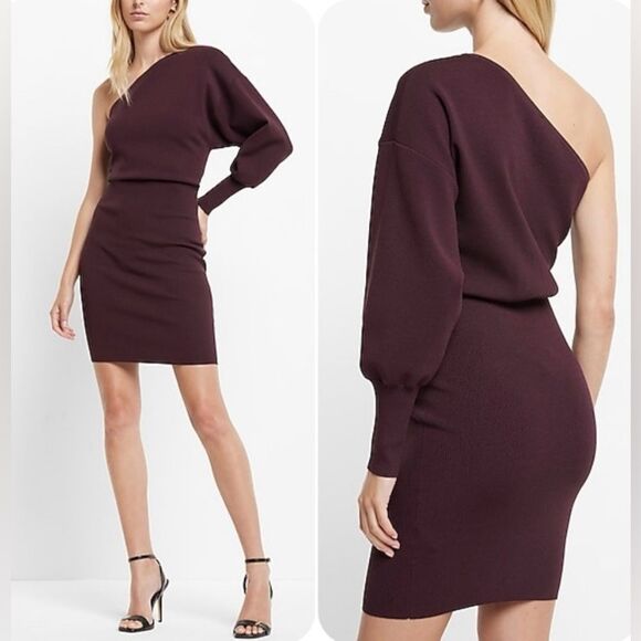 EXPRESS Deep Plum One Sleeve Fitted Above The Knee Dress - Picture 2 of 10